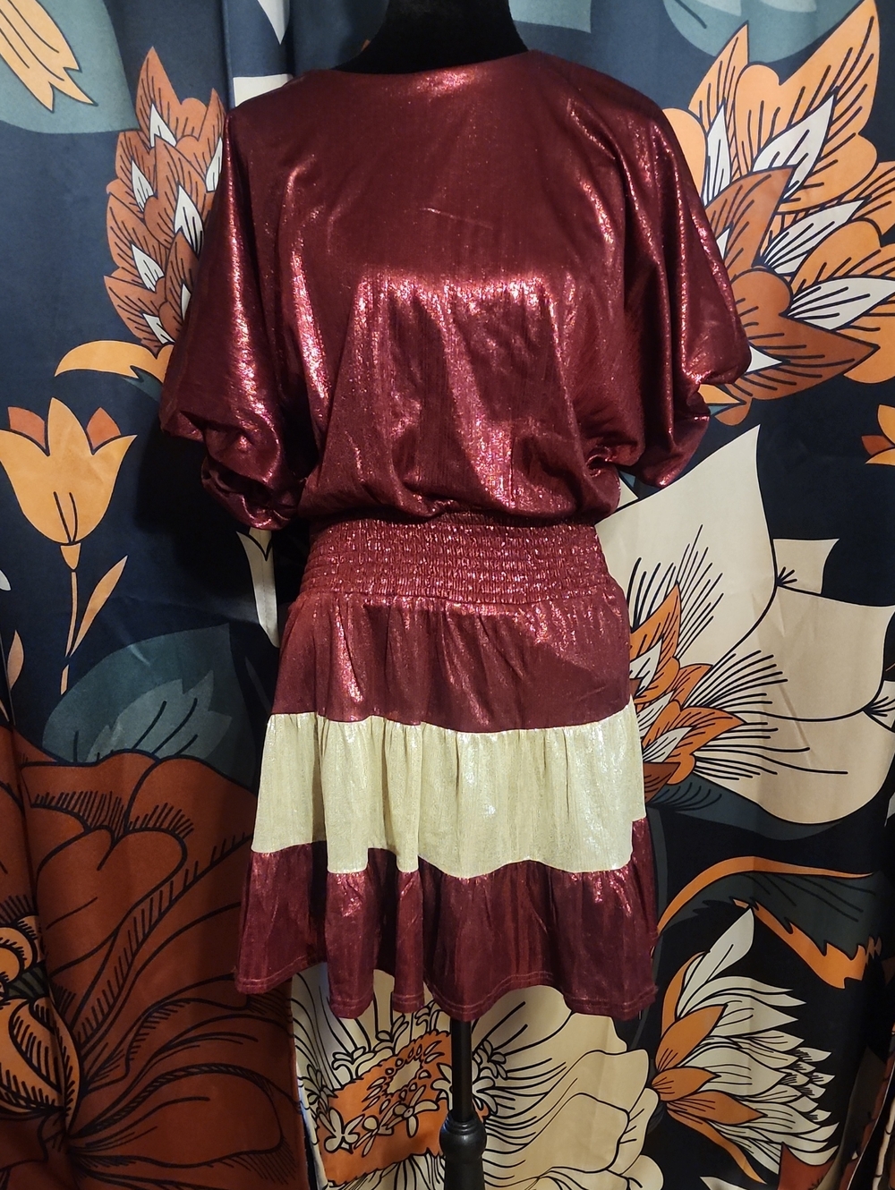 TCEC Metallic Burgundy and Cream Tiered Mini Dress